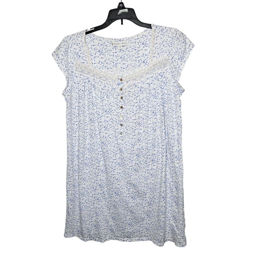 Eileen West Womens Small Blue Floral Nightgown With Lace Trim & Button Front‎